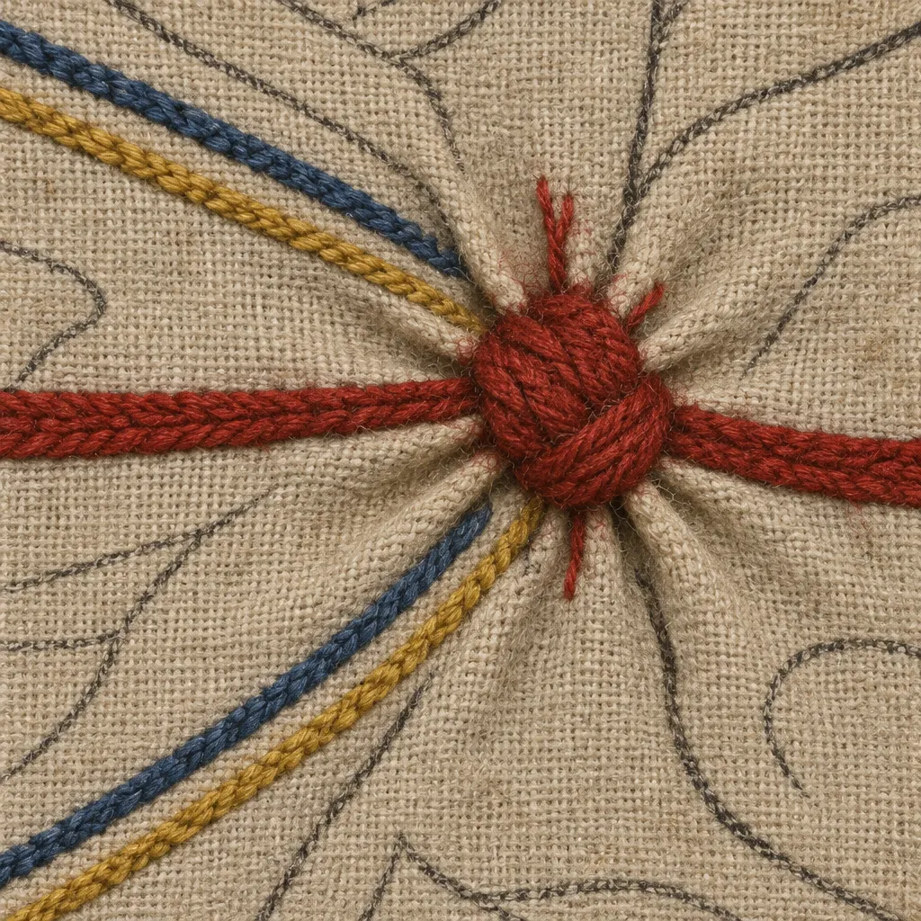 A tight red knot puckering the stitches around it