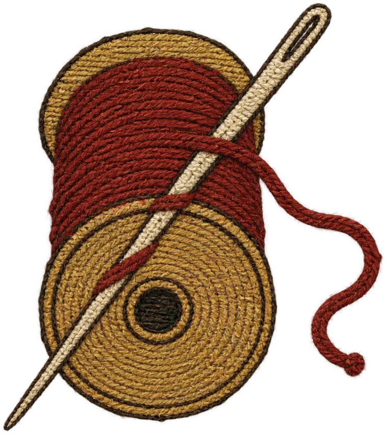 A wooden spool of red wool with a bone needle pushed through it